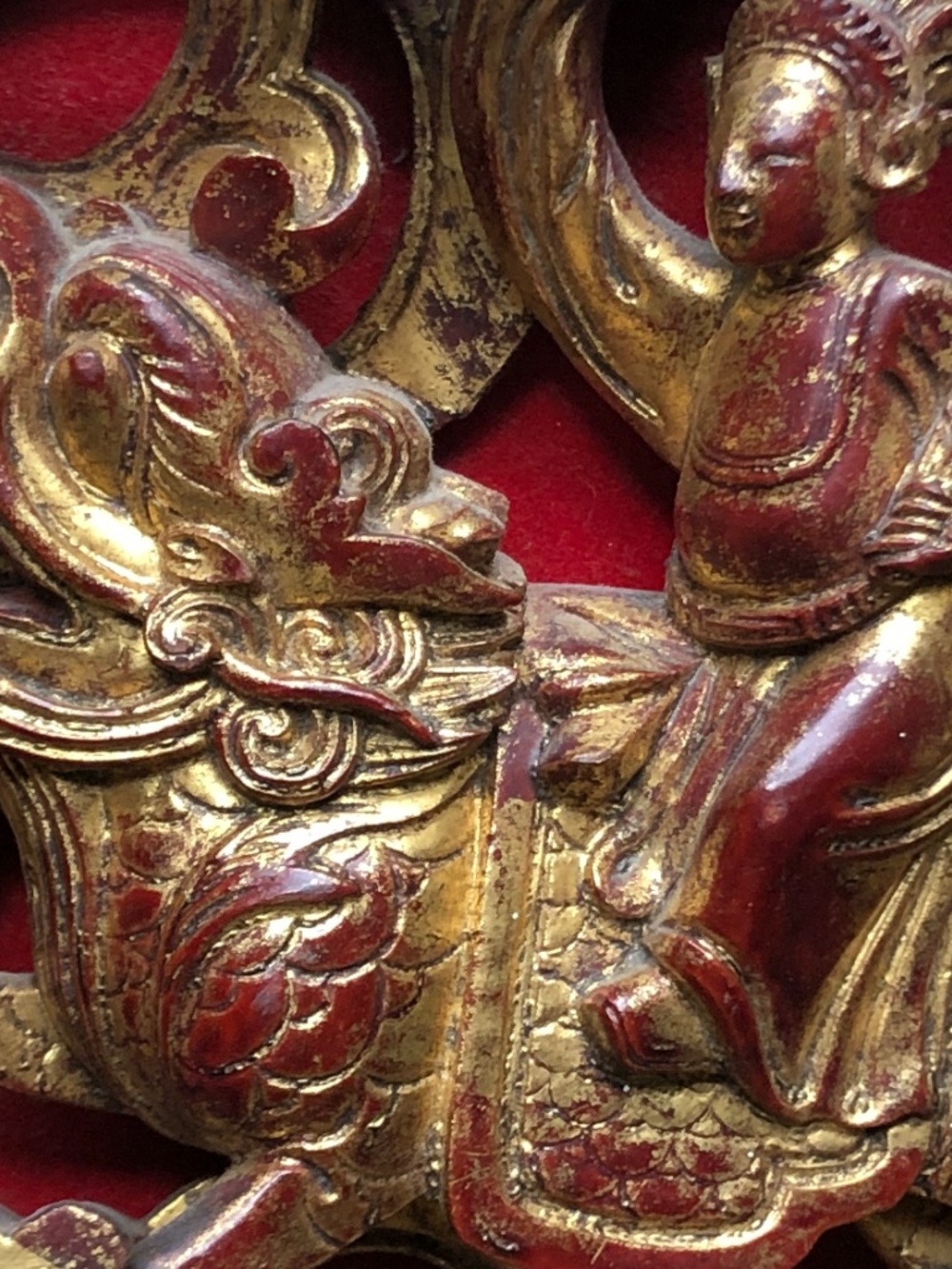 Antique 19th Century Chinese Gilt Wood Carving framed in Lacquered Wood.